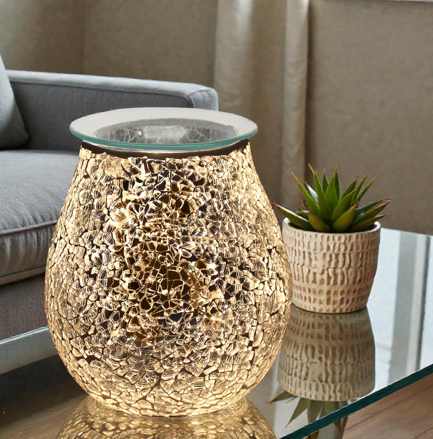 Electric Wax Melt Warmer Oil Burner Aroma Fragrance Diffuser Lamp | Silver Crackle Mosaic
