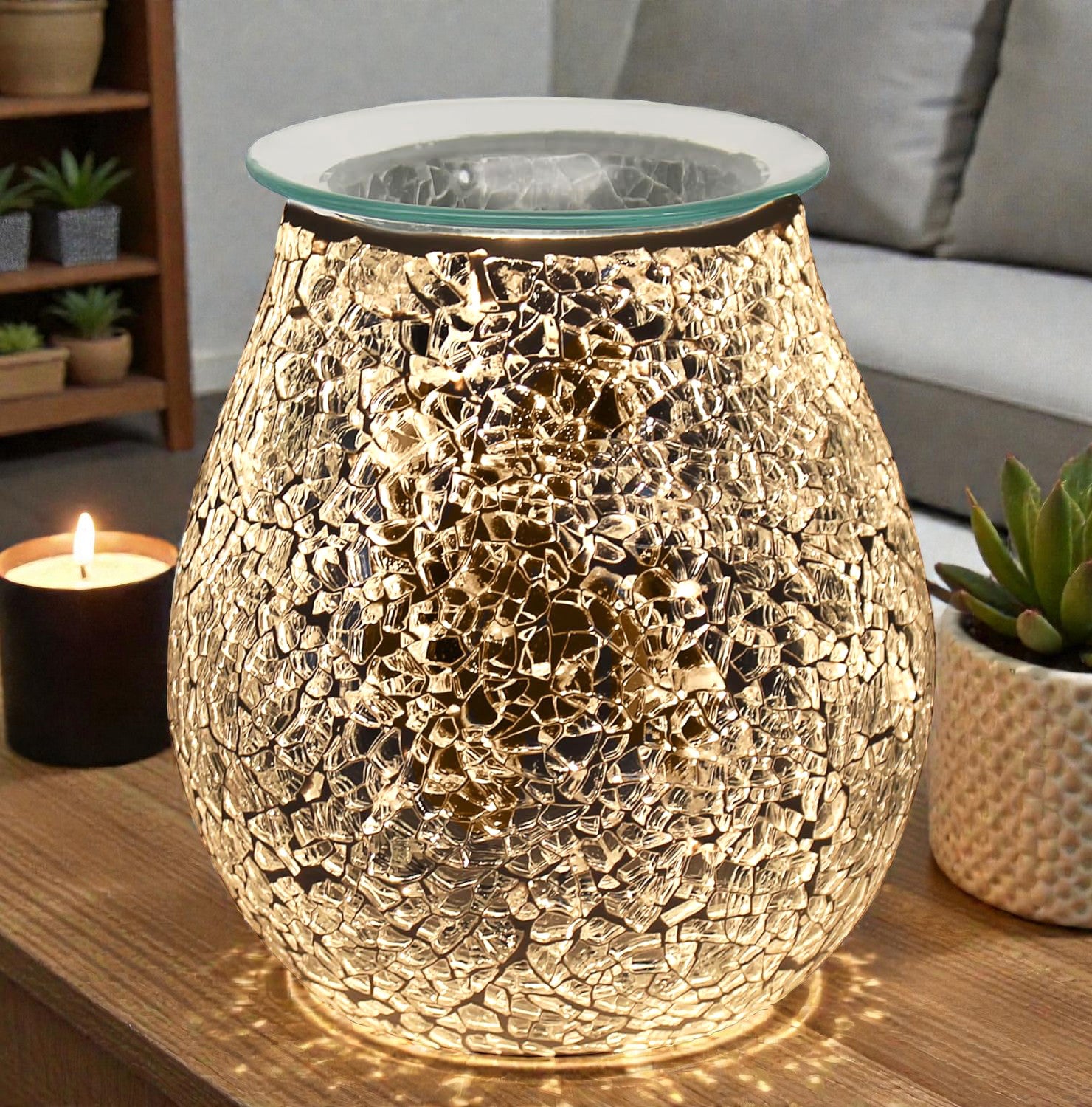 Electric Wax Melt Warmer Oil Burner Aroma Fragrance Diffuser Lamp | Silver Crackle Mosaic