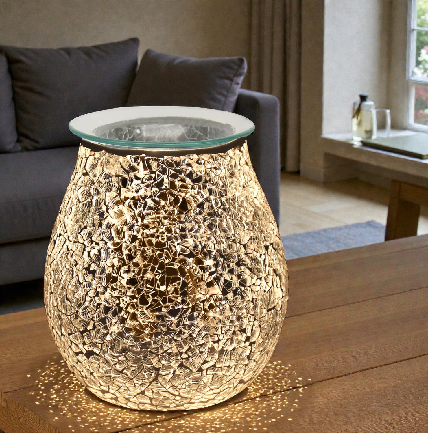 Wax Tart Warmer and Oil Burner Aroma Diffuser plus Scented Wax Melts | Silver Crackle Mosaic Design