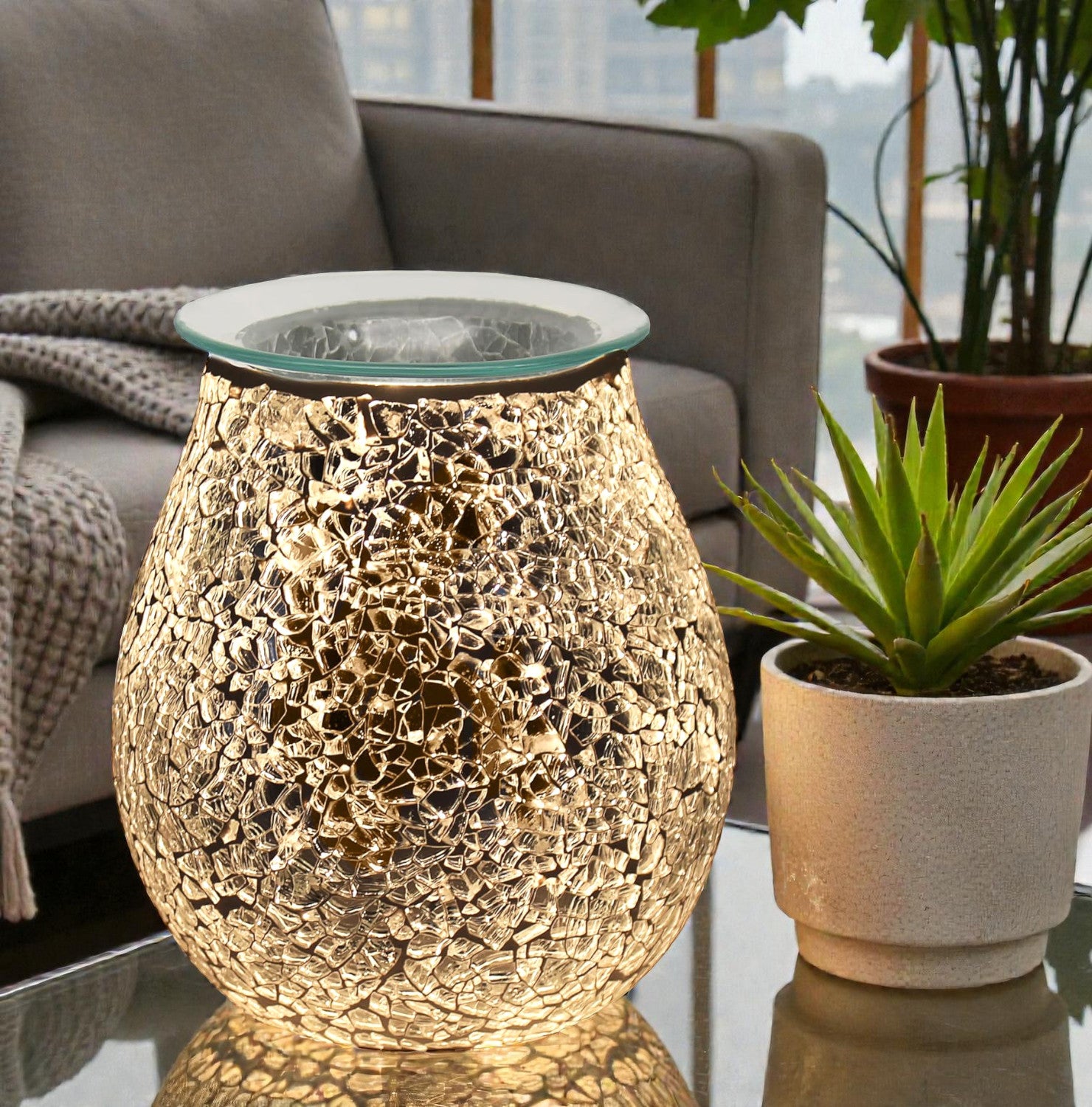 Electric Wax Melt Warmer Oil Burner Aroma Fragrance Diffuser Lamp | Silver Crackle Mosaic