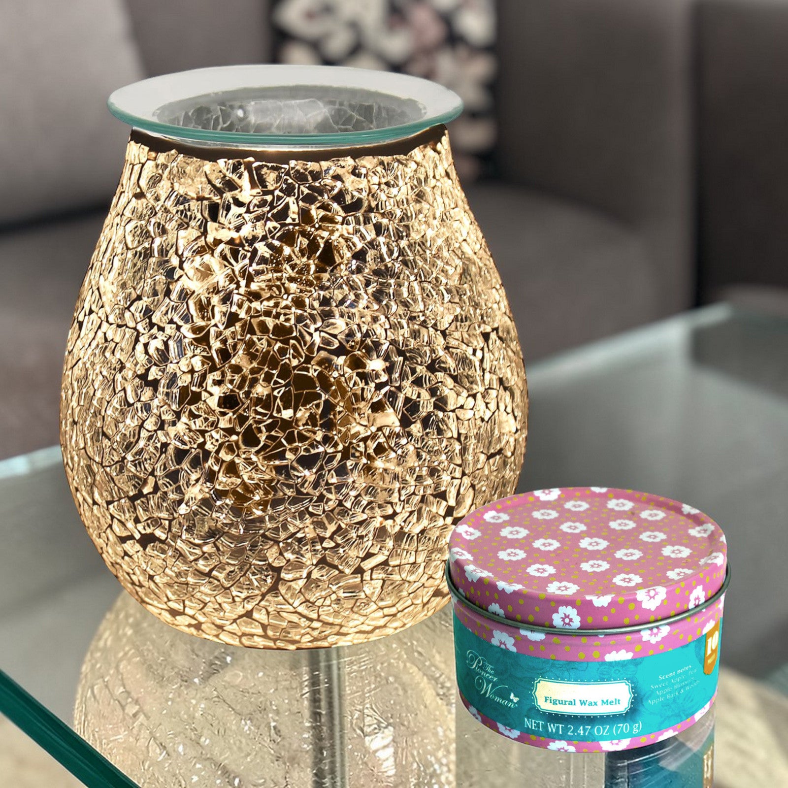 Wax Tart Warmer and Oil Burner Aroma Diffuser plus Scented Wax Melts | Silver Crackle Mosaic Design