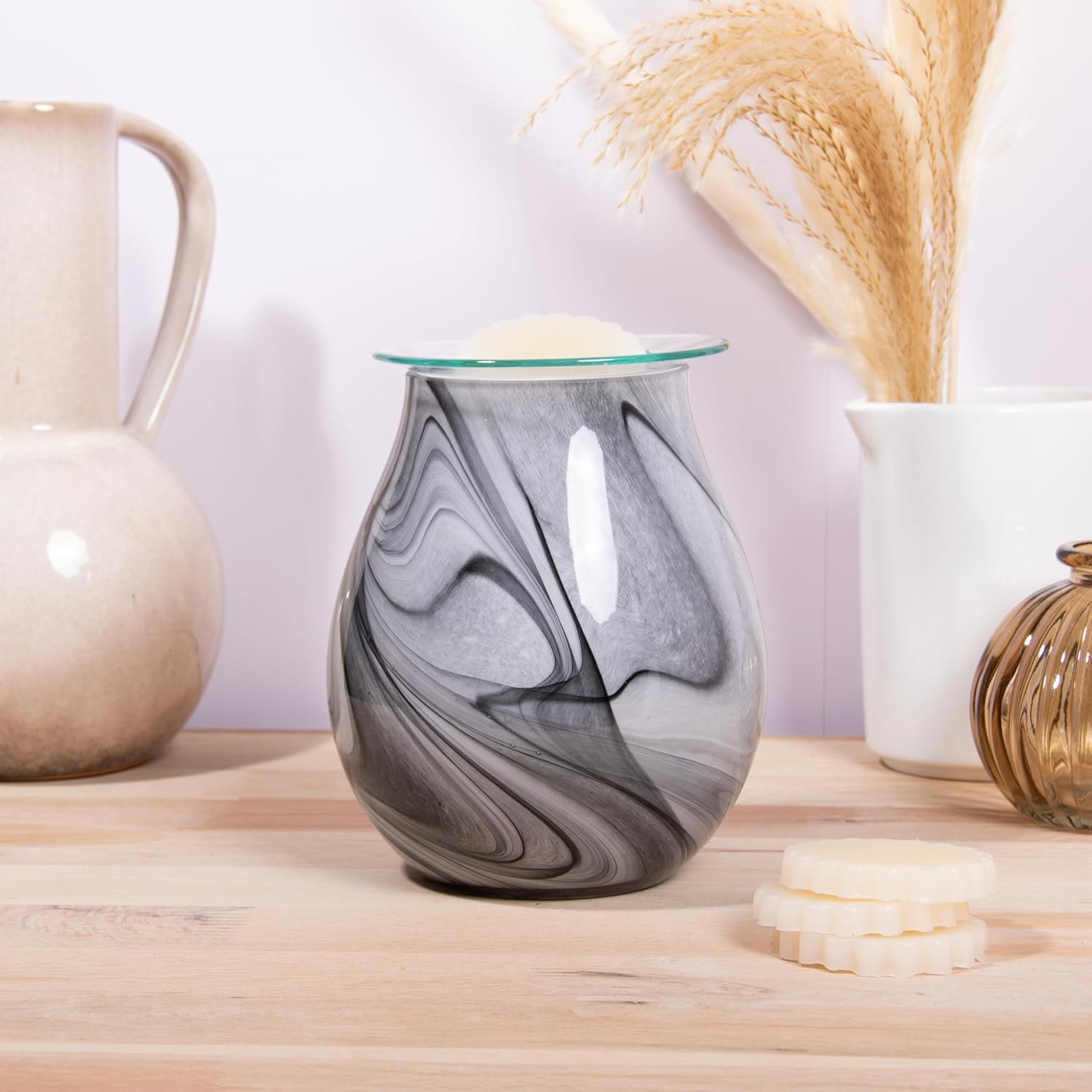 Electric Wax Tart Warmer and Oil Burner plus Lemongrass Wax Melts | Grey Swirl Marble Effect Aroma Fragrance Diffuser