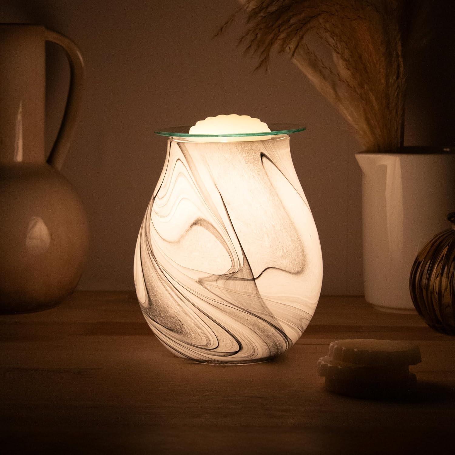 Electric Wax Tart Warmer and Oil Burner plus Scented Wax Melts | Grey Swirl Marble Effect Aroma Fragrance Diffuser