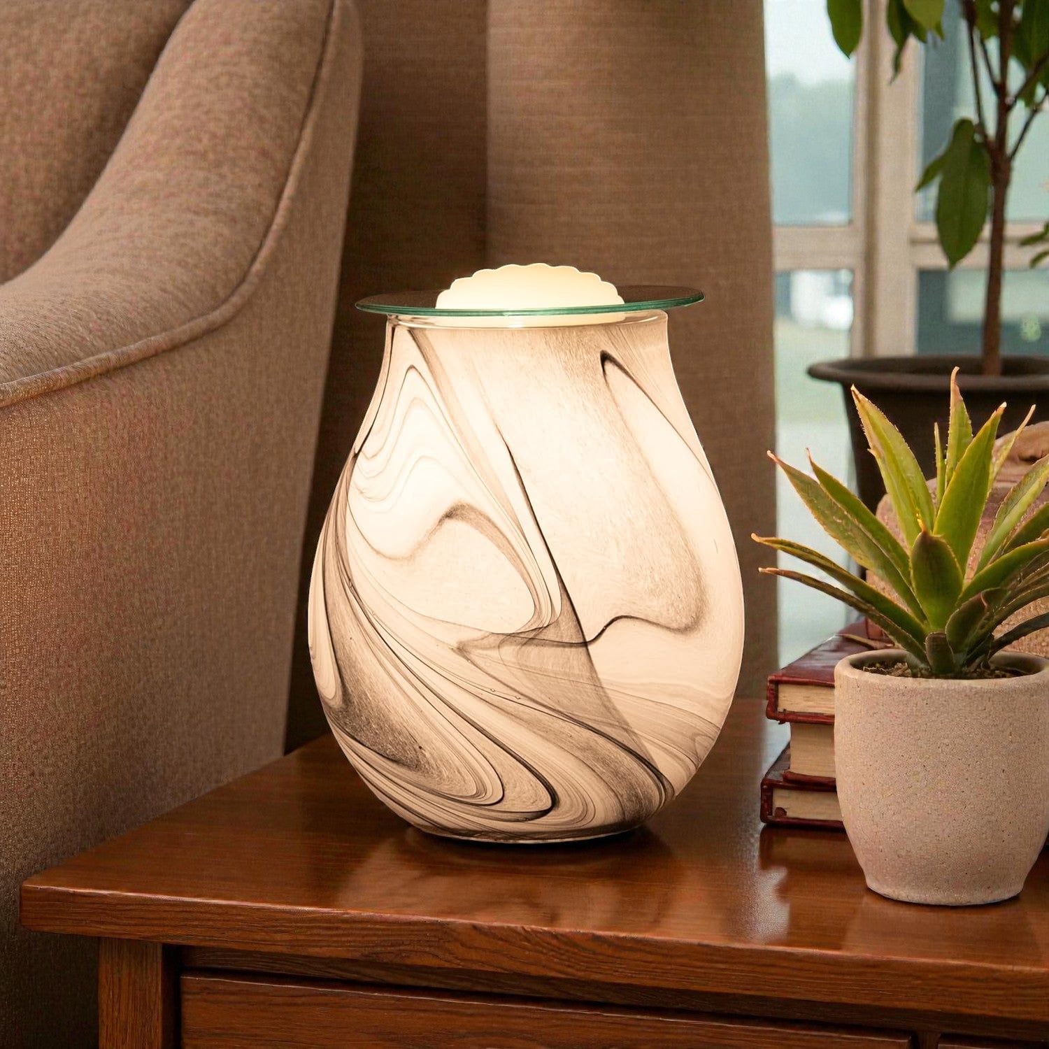 Electric Wax Melt Warmer and Oil Burner plus 6 Essential Oils | Grey Swirl Marble Effect Aroma Fragrance Diffuser