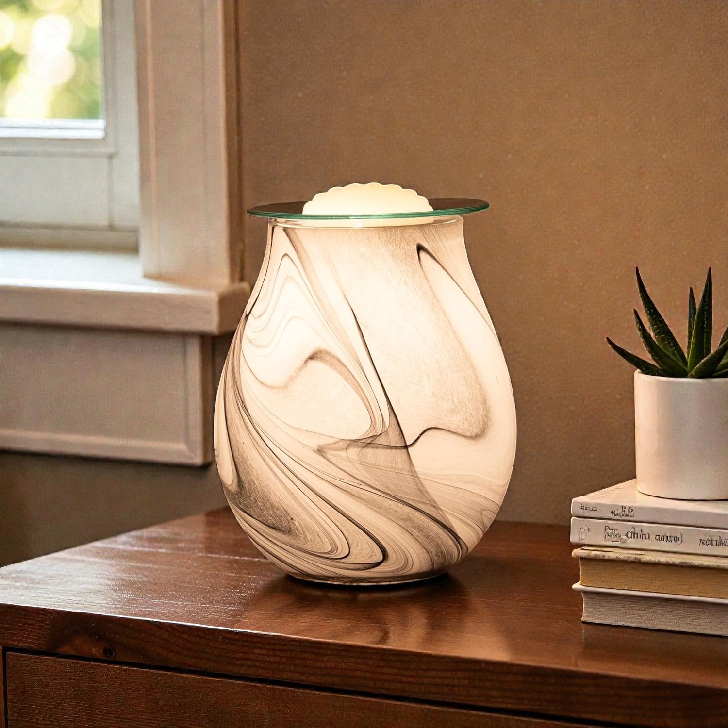 Electric Wax Tart Warmer and Oil Burner plus Tangerine Wax Melts | Grey Swirl Marble Effect Aroma Fragrance Diffuser