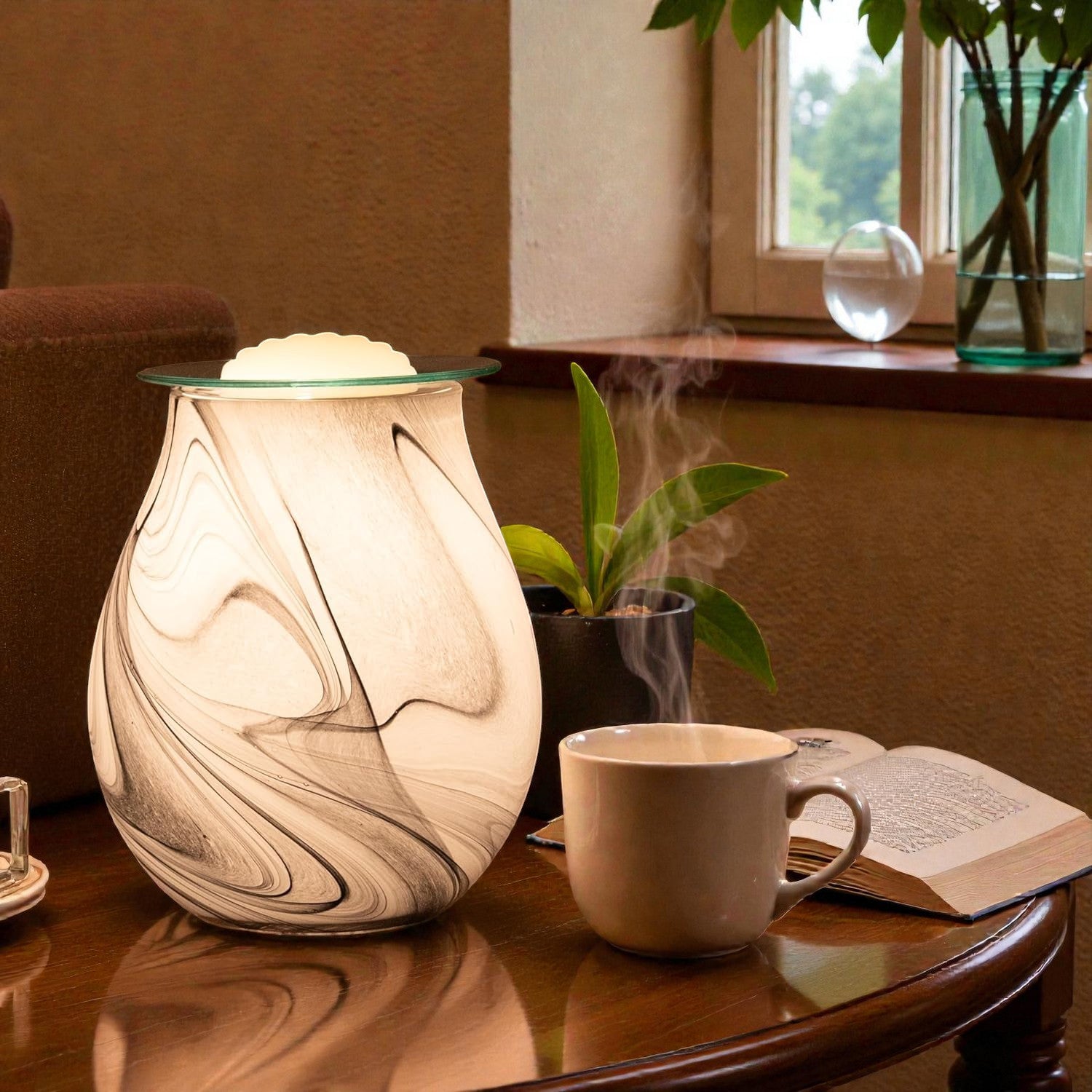 Electric Wax Tart Warmer and Oil Burner plus Lemongrass Wax Melts | Grey Swirl Marble Effect Aroma Fragrance Diffuser