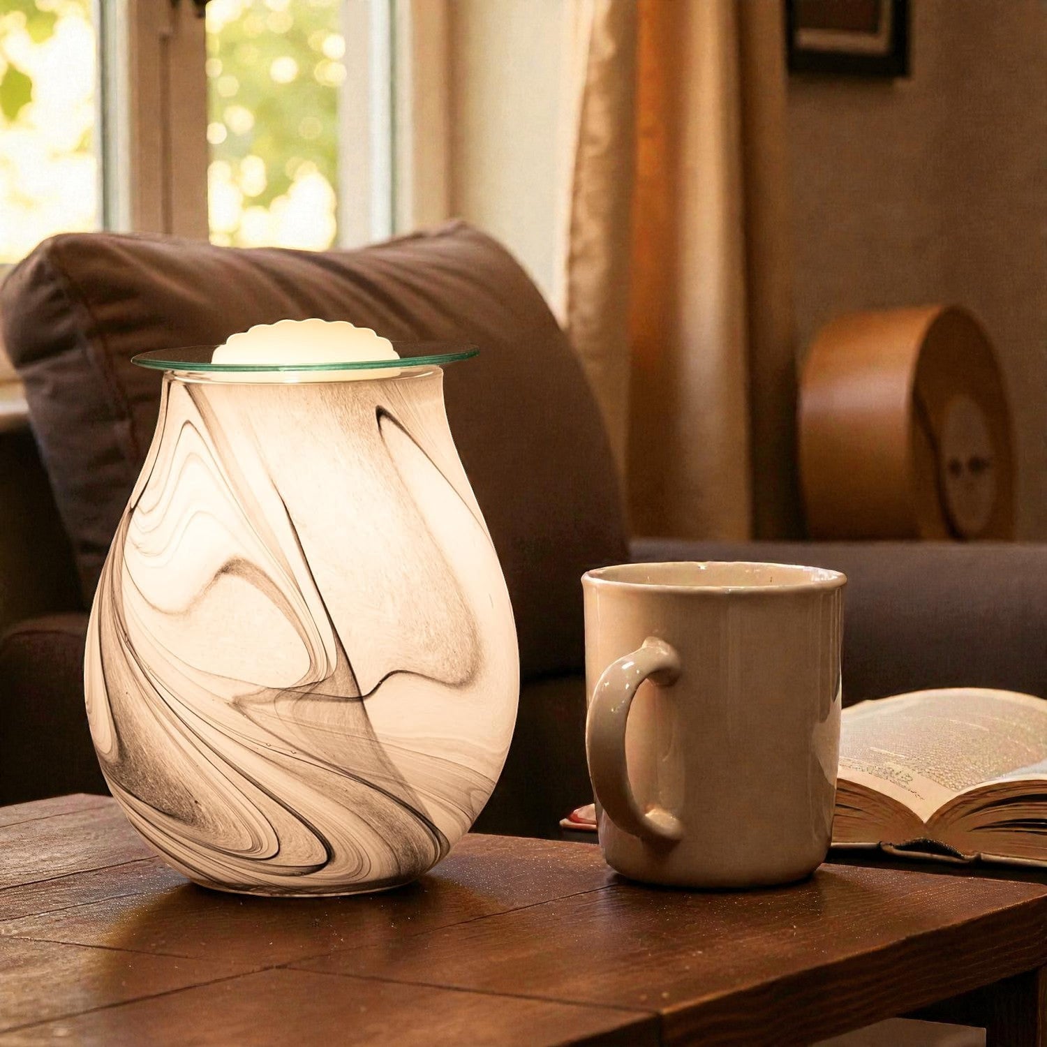 Electric Wax Tart Warmer and Oil Burner plus Lemongrass Wax Melts | Grey Swirl Marble Effect Aroma Fragrance Diffuser