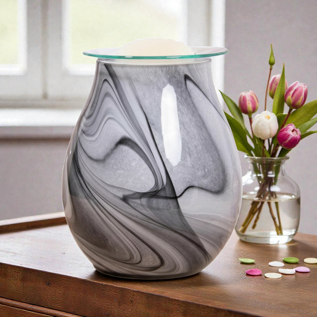 Electric Wax Tart Warmer and Oil Burner plus Sandalwood Wax Melts | Grey Swirl Marble Effect Aroma Fragrance Diffuser