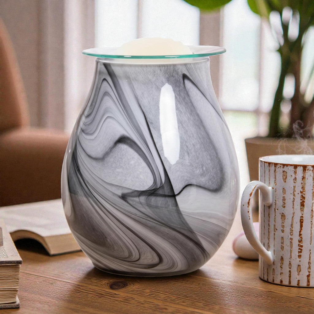 Electric Wax Tart Warmer and Oil Burner plus Lemongrass Wax Melts | Grey Swirl Marble Effect Aroma Fragrance Diffuser