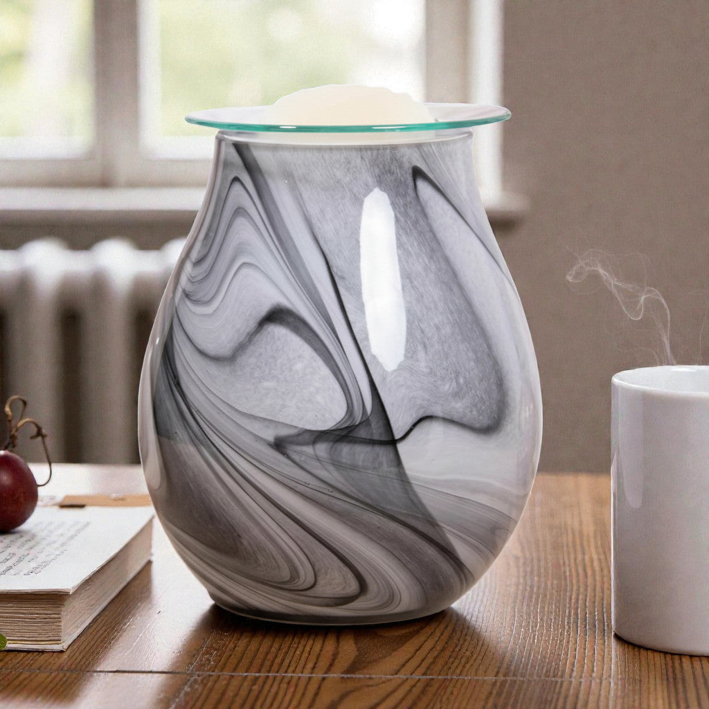Electric Wax Tart Warmer and Oil Burner plus Lemongrass Wax Melts | Grey Swirl Marble Effect Aroma Fragrance Diffuser