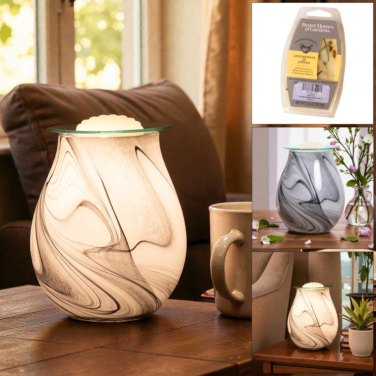 Electric Wax Tart Warmer and Oil Burner plus Lemongrass Wax Melts | Grey Swirl Marble Effect Aroma Fragrance Diffuser