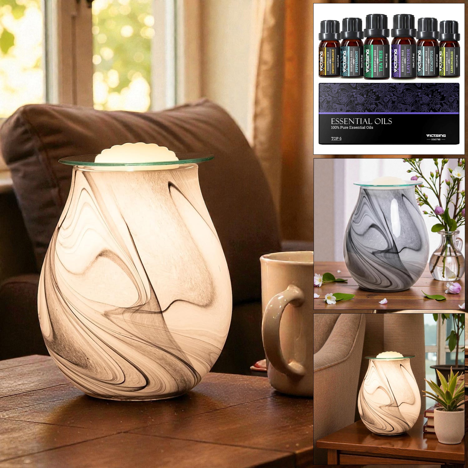 Electric Wax Melt Warmer and Oil Burner plus 6 Essential Oils | Grey Swirl Marble Effect Aroma Fragrance Diffuser