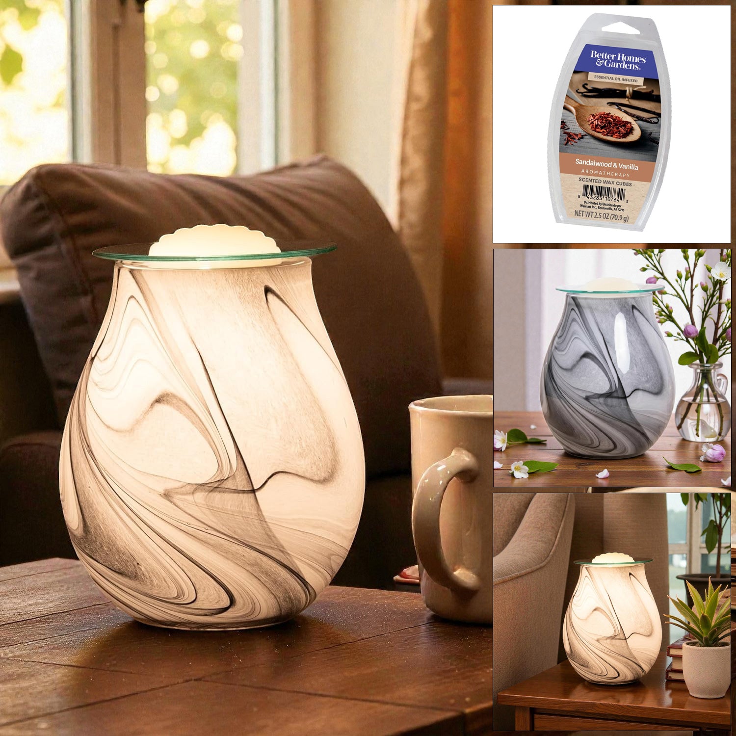 Electric Wax Tart Warmer and Oil Burner plus Sandalwood Wax Melts | Grey Swirl Marble Effect Aroma Fragrance Diffuser