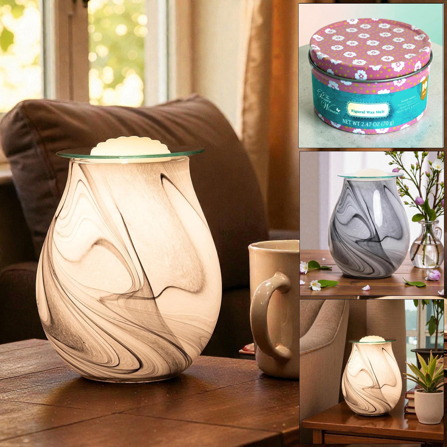 Electric Wax Tart Warmer and Oil Burner plus Scented Wax Melts | Grey Swirl Marble Effect Aroma Fragrance Diffuser