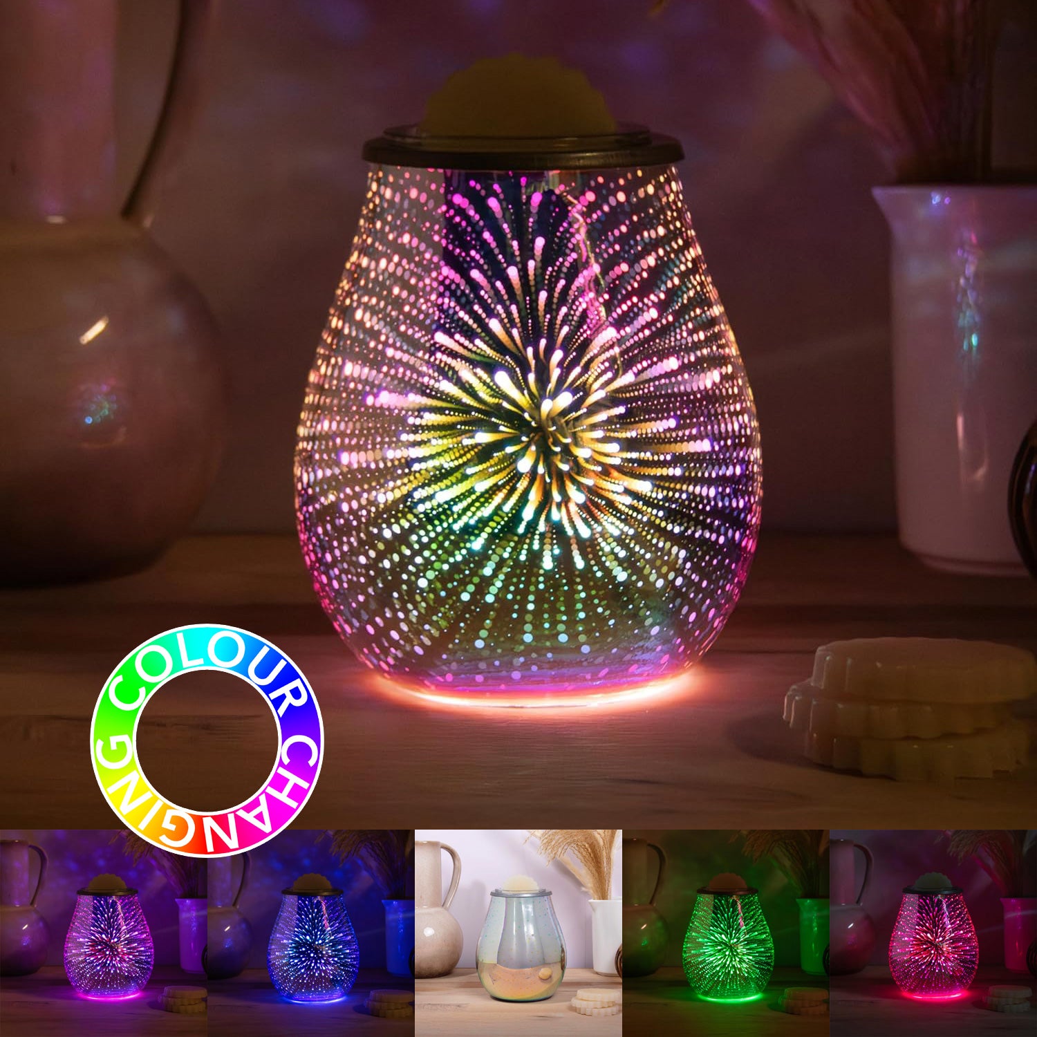 LED Colour Changing Aroma Diffuser Lamp Wax Melt Warmer and Oil Burner | 3D Starburst Effect