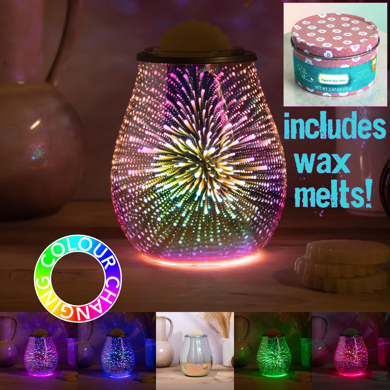 Wax Warmer and Oil Burner Aroma Diffuser Lamp plus Scented Wax Melts | LED Colour Changing 3D Starburst Design