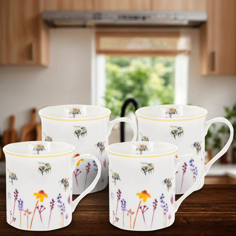 Set of 4 Fine China Mugs for Coffee or Tea | Busy Bees Design by Jennifer Rose & Gift Box