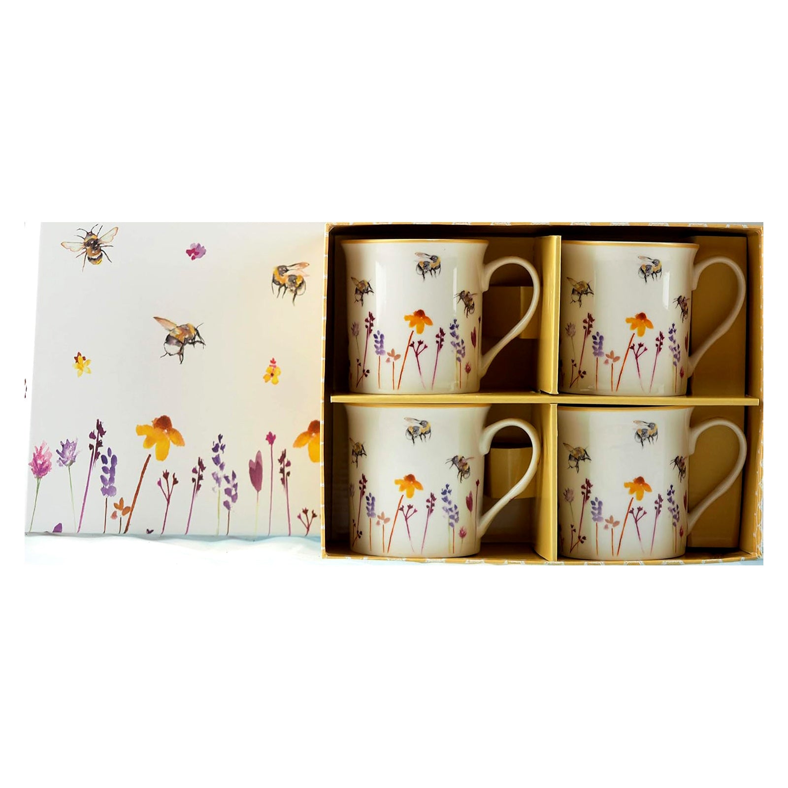 Set of 4 Fine China Mugs for Coffee or Tea | Busy Bees Design by Jennifer Rose & Gift Box