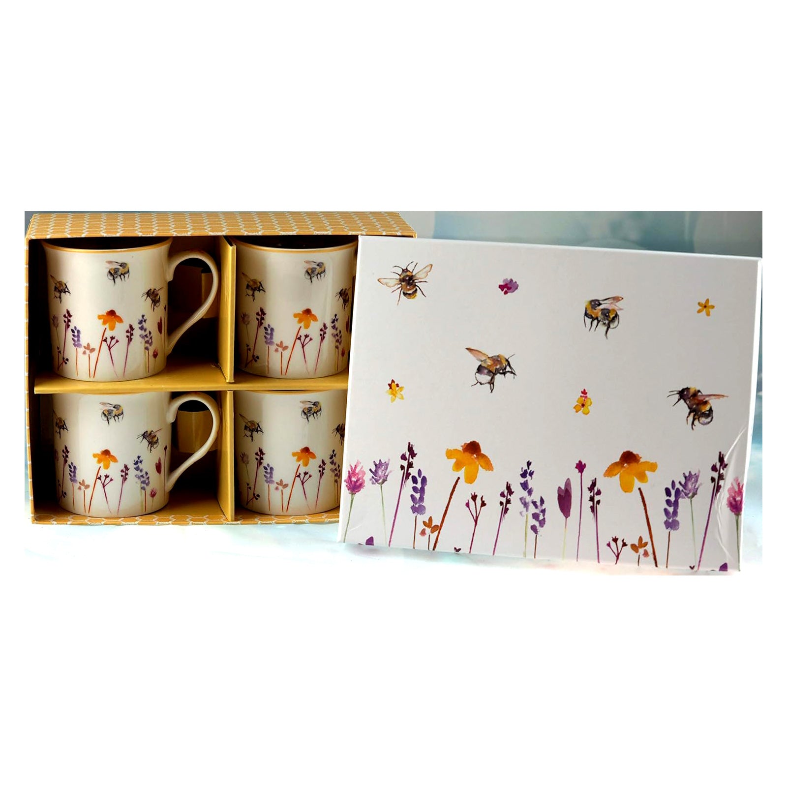 Set of 4 Fine China Mugs for Coffee or Tea | Busy Bees Design by Jennifer Rose & Gift Box