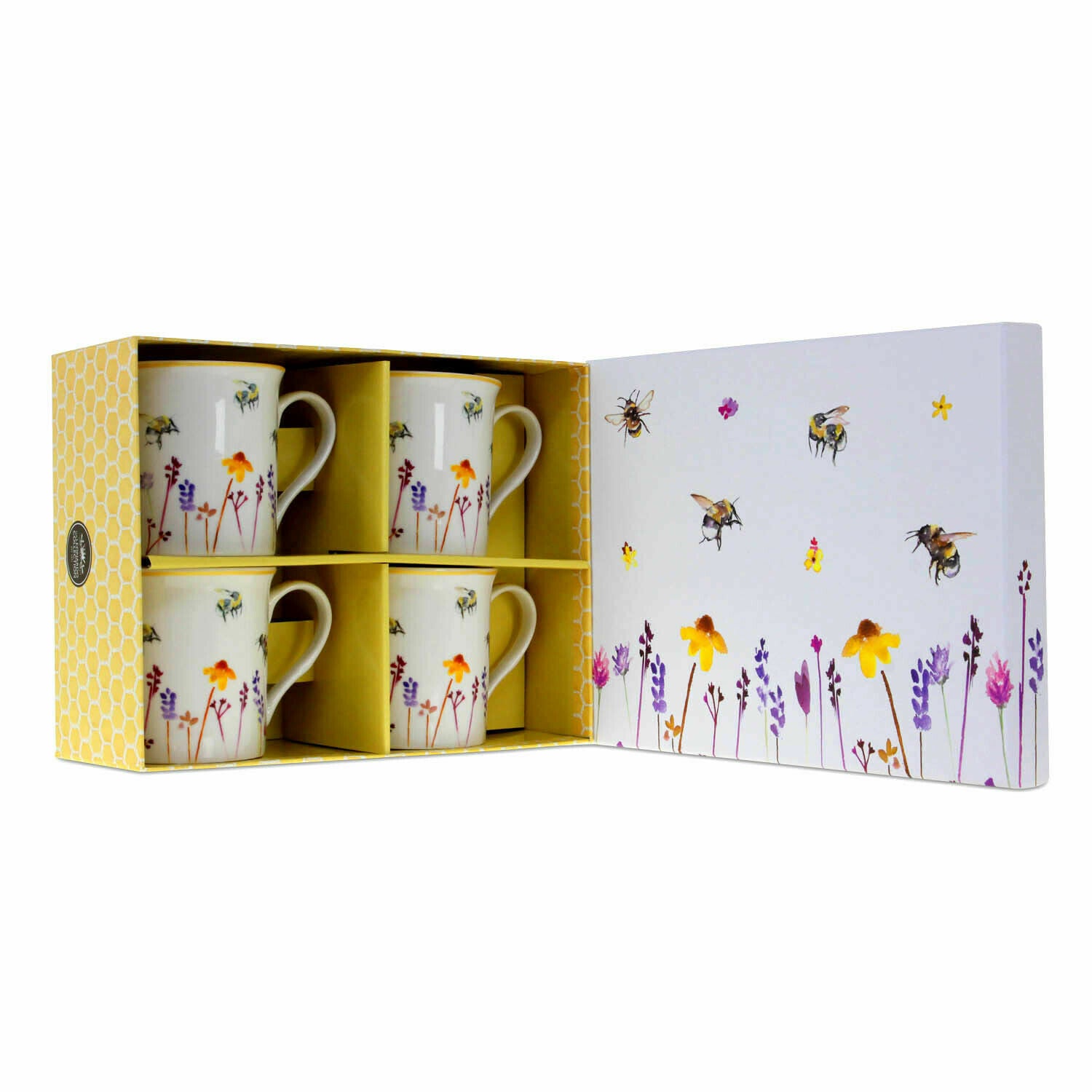 Set of 4 Fine China Mugs for Coffee or Tea | Busy Bees Design by Jennifer Rose & Gift Box