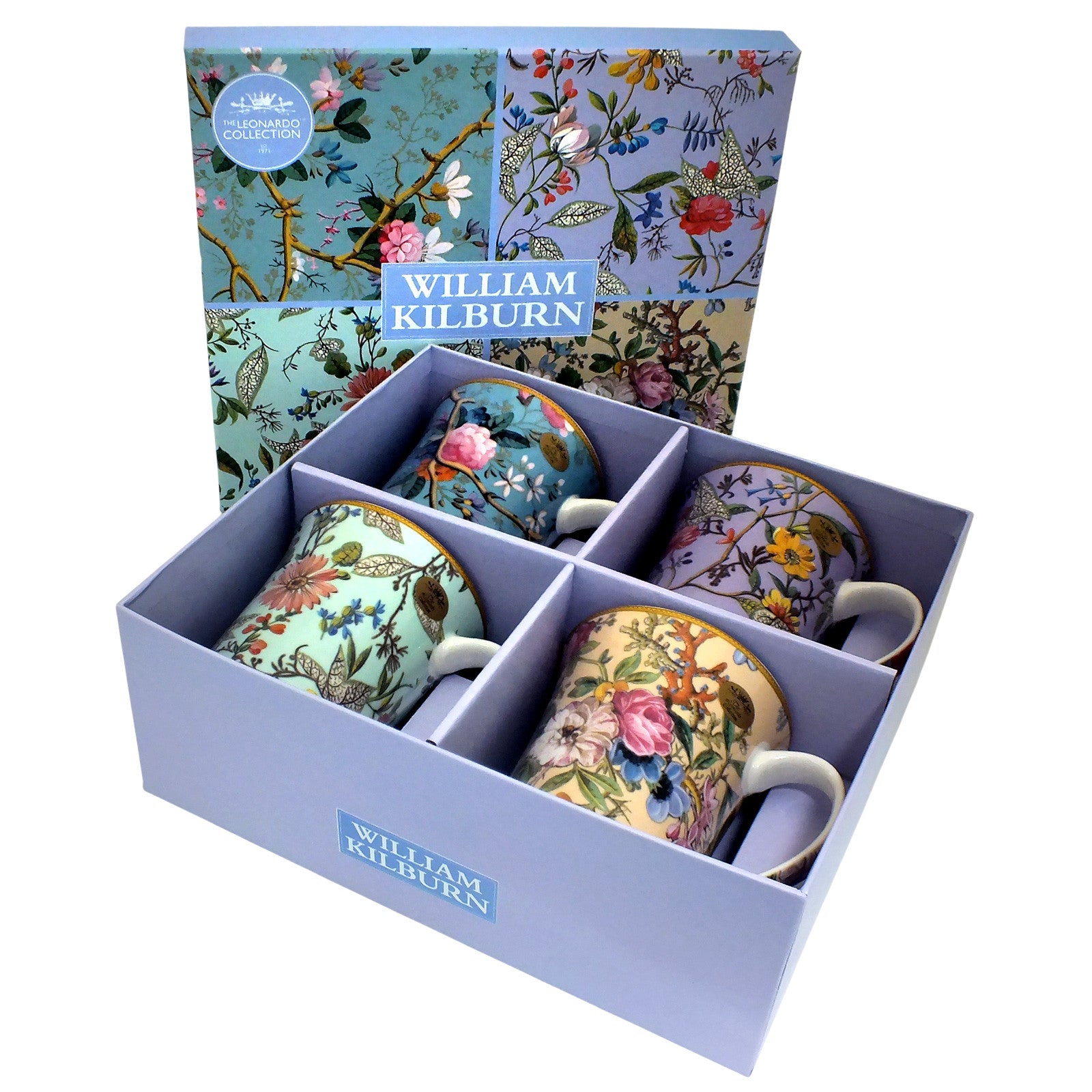 Set of 4 Mugs Coffee Tea Fine China Floral Collection | William Kilburn Designs with Gift Box