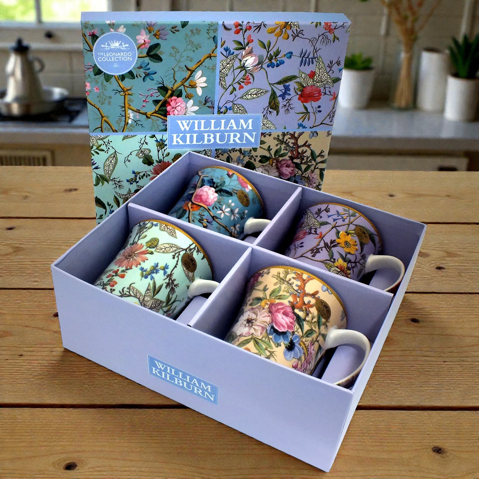Set of 4 Mugs Coffee Tea Fine China Floral Collection | William Kilburn Designs with Gift Box