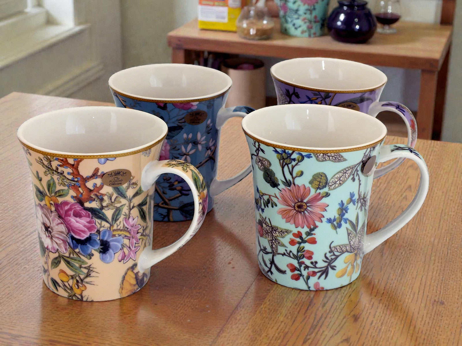 Set of 4 Mugs Coffee Tea Fine China Floral Collection | William Kilburn Designs with Gift Box