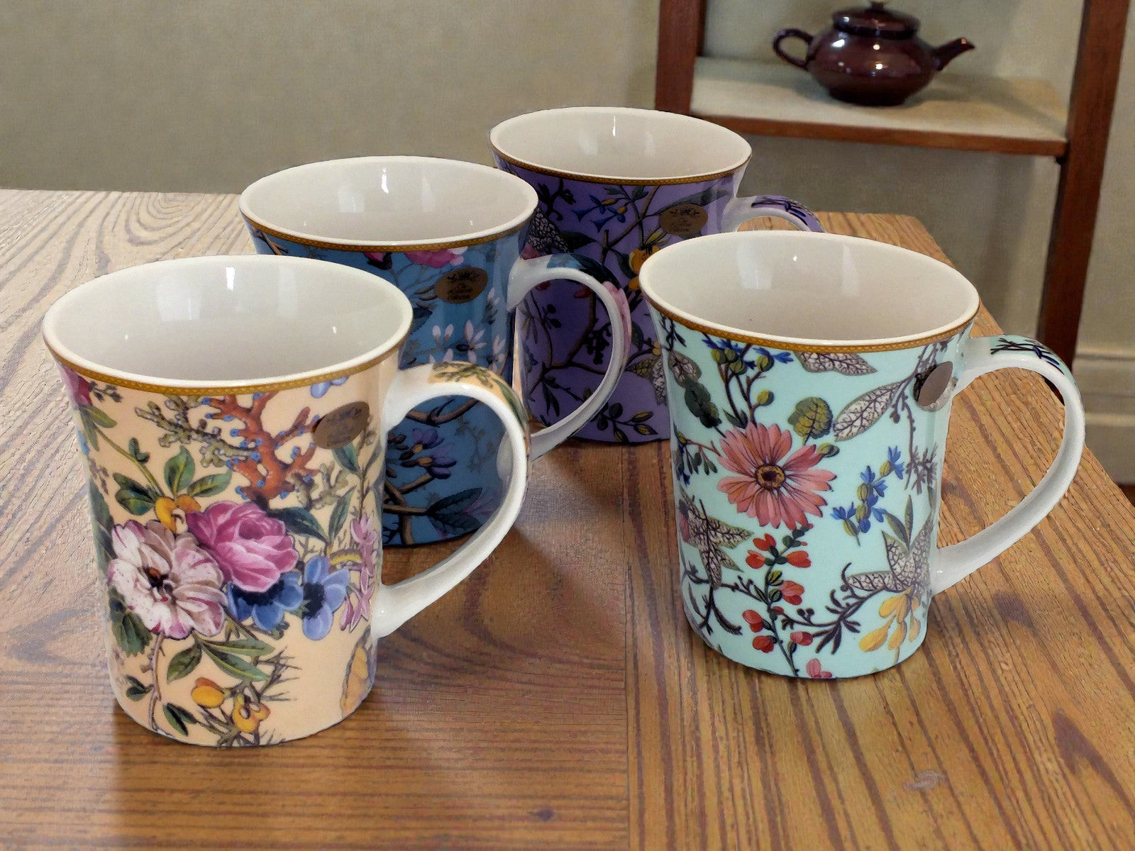 Set of 4 Mugs Coffee Tea Fine China Floral Collection | William Kilburn Designs with Gift Box