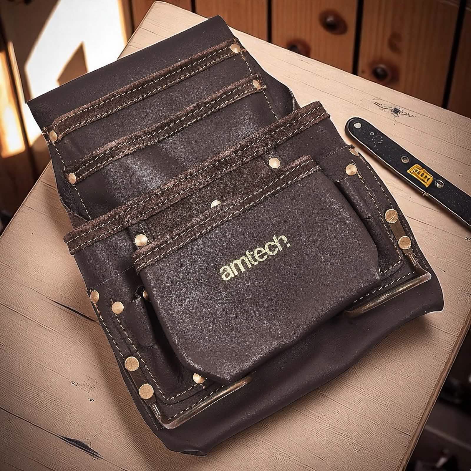 Amtech Heavy Duty 4 Pocket Leather Tool Pouch with 2 Hammer Loops