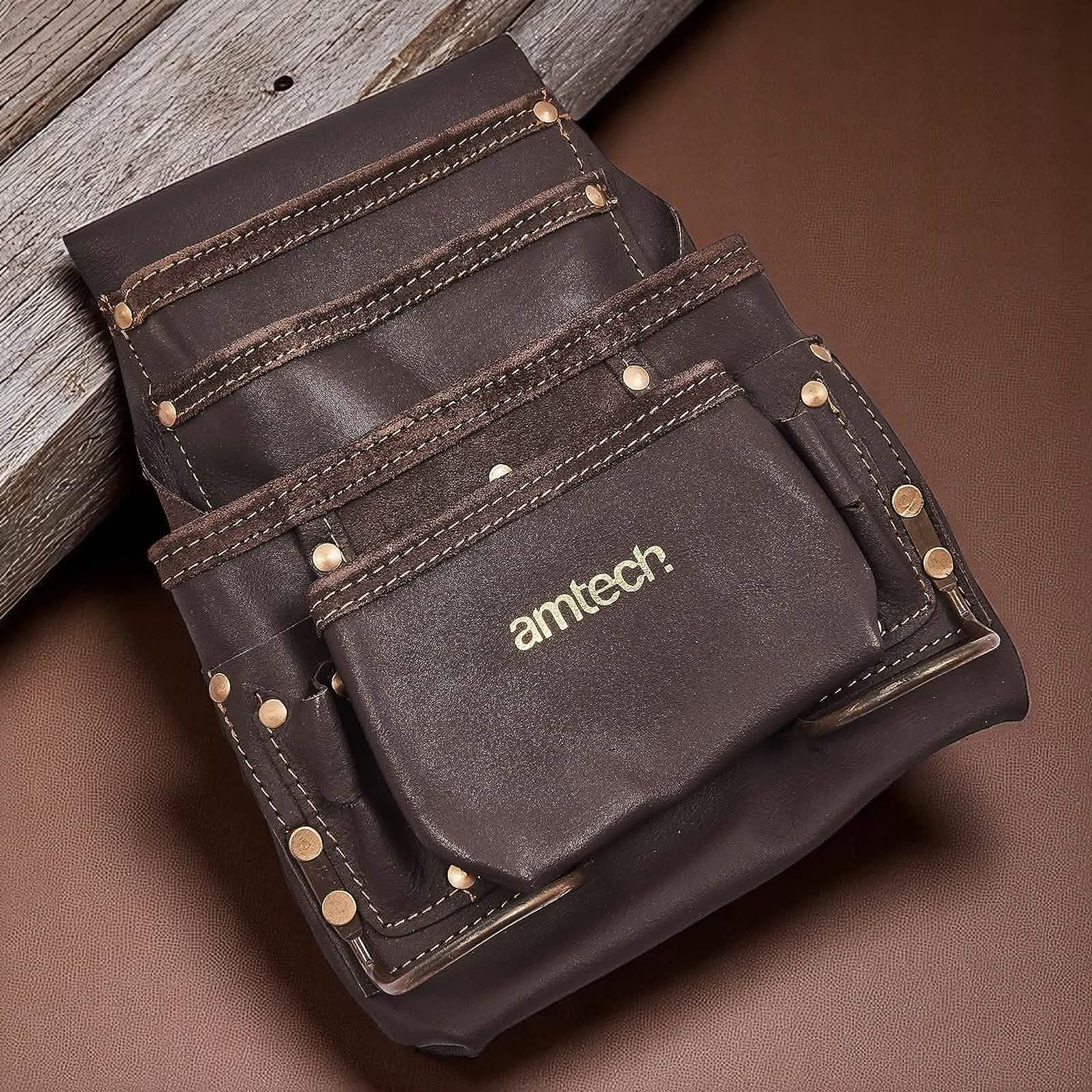 Amtech Heavy Duty 4 Pocket Leather Tool Pouch with 2 Hammer Loops