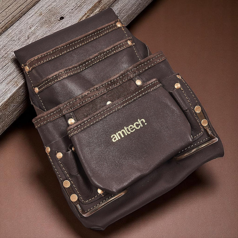 Amtech Heavy Duty 4 Pocket Leather Tool Pouch with 2 Hammer Loops