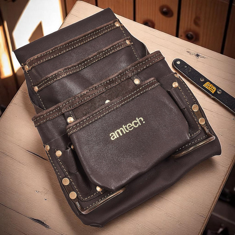 Amtech Heavy Duty 4 Pocket Leather Tool Pouch with 2 Hammer Loops