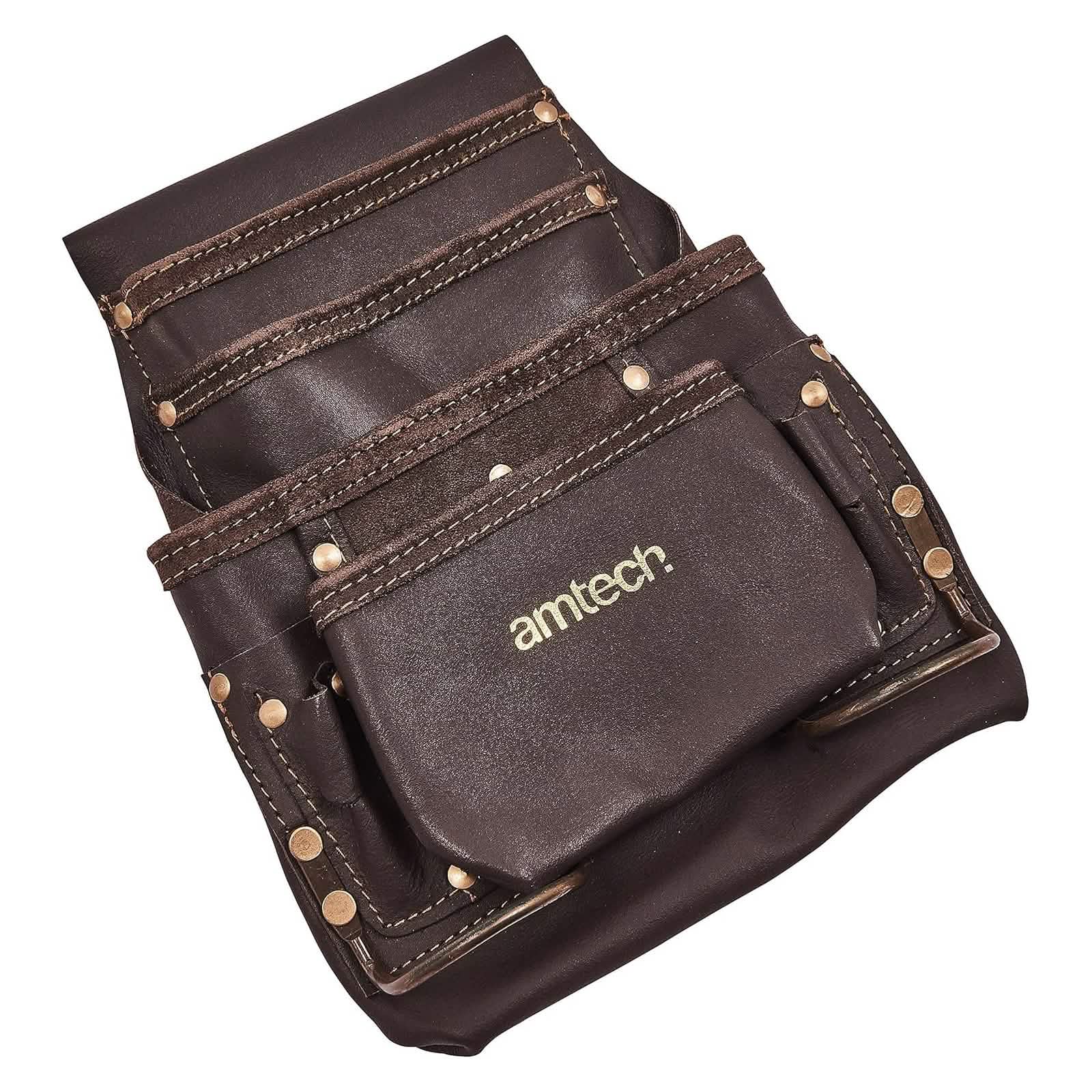 Amtech Heavy Duty 4 Pocket Leather Tool Pouch with 2 Hammer Loops