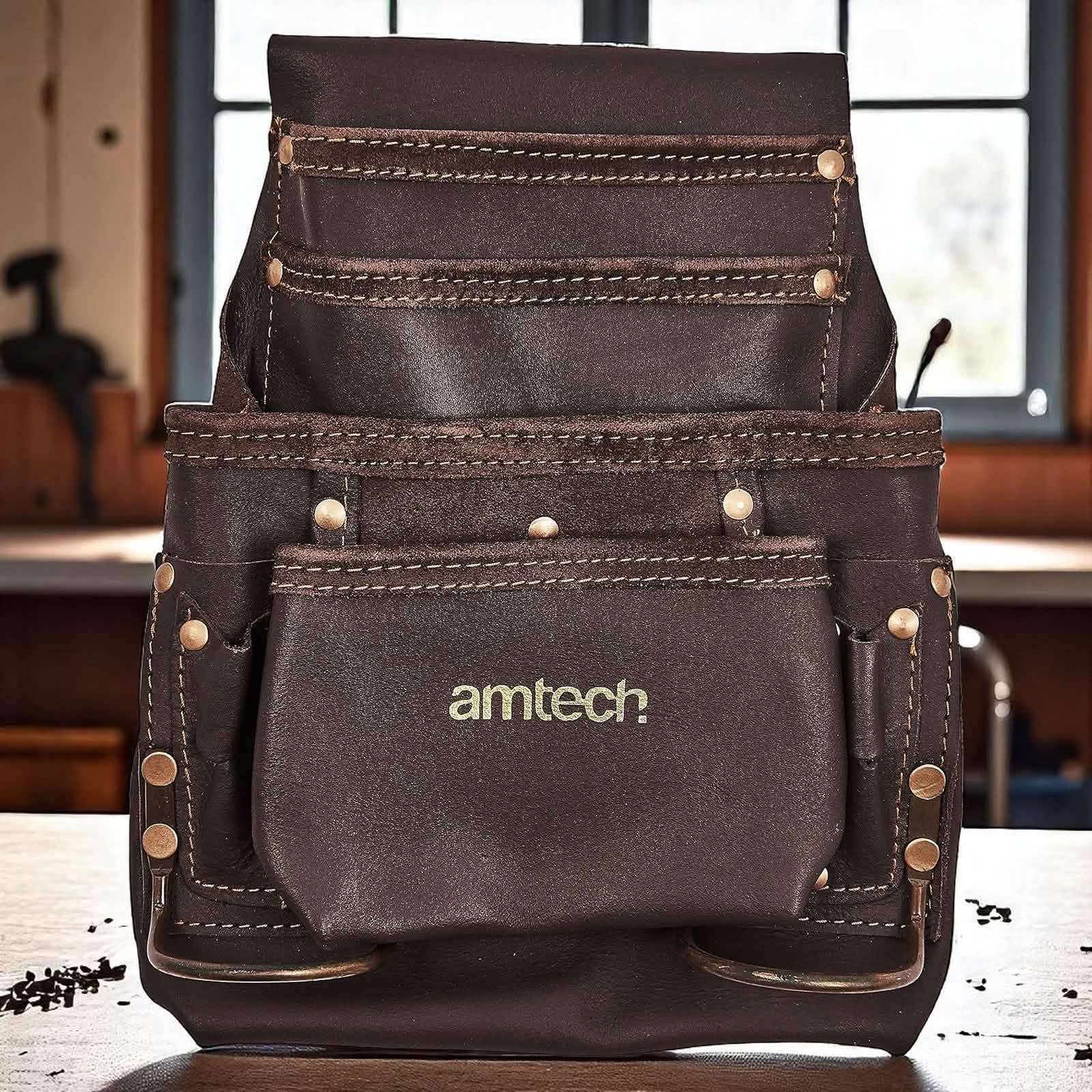 Amtech Heavy Duty 4 Pocket Leather Tool Pouch with 2 Hammer Loops