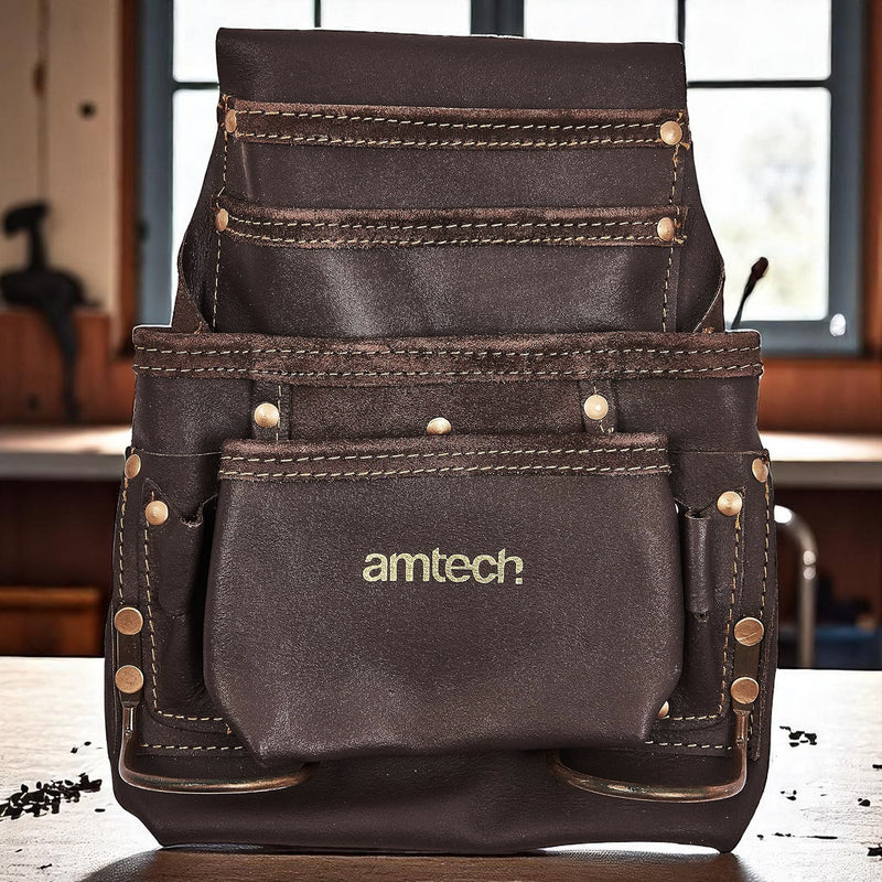 Amtech Heavy Duty 4 Pocket Leather Tool Pouch with 2 Hammer Loops