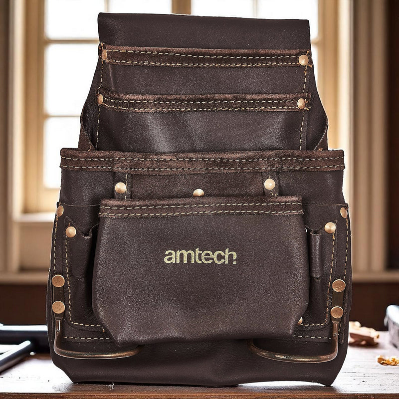 Amtech Heavy Duty 4 Pocket Leather Tool Pouch with 2 Hammer Loops