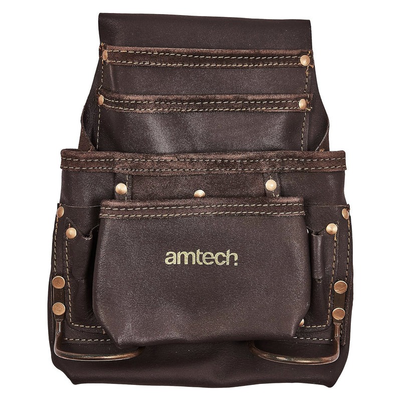 Amtech Heavy Duty 4 Pocket Leather Tool Pouch with 2 Hammer Loops
