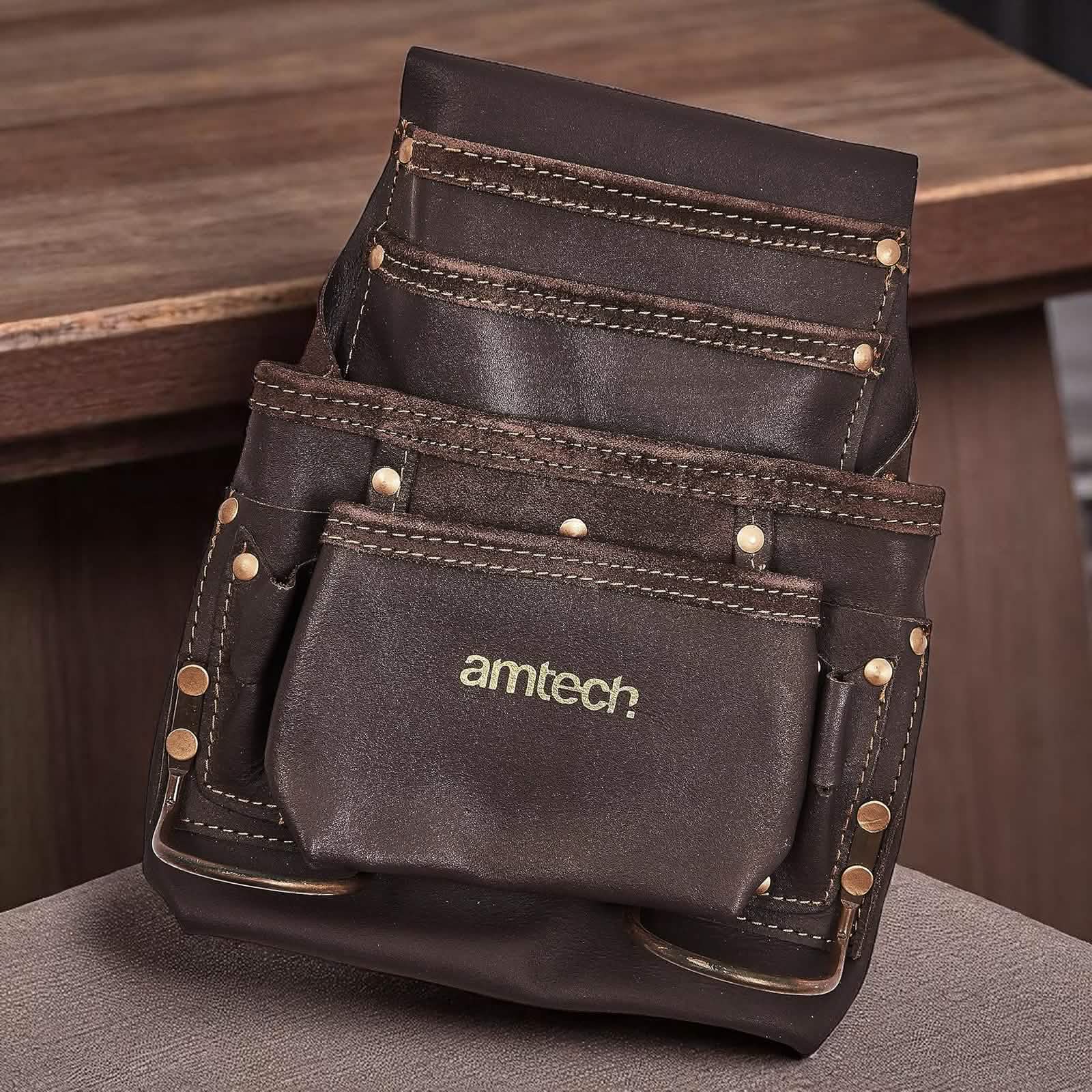 Amtech Heavy Duty 4 Pocket Leather Tool Pouch with 2 Hammer Loops