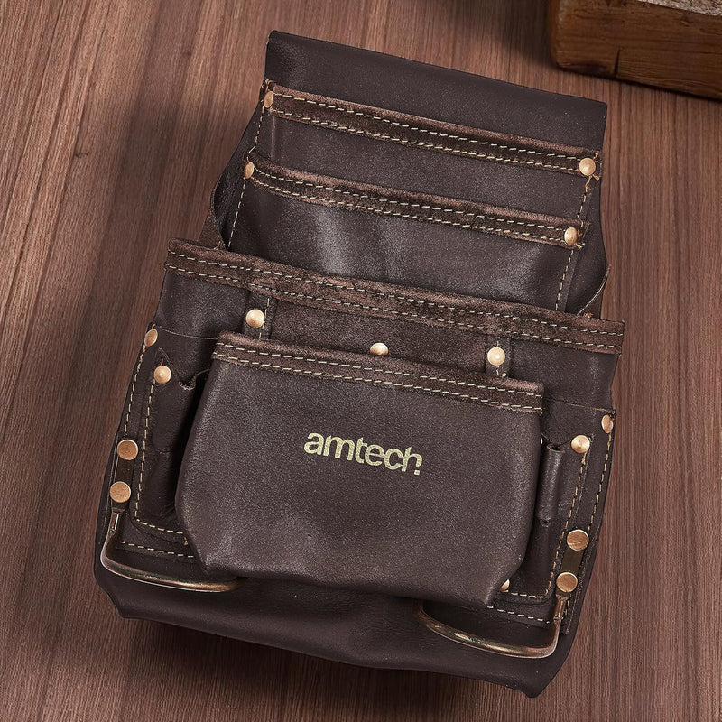 Amtech Heavy Duty 4 Pocket Leather Tool Pouch with 2 Hammer Loops