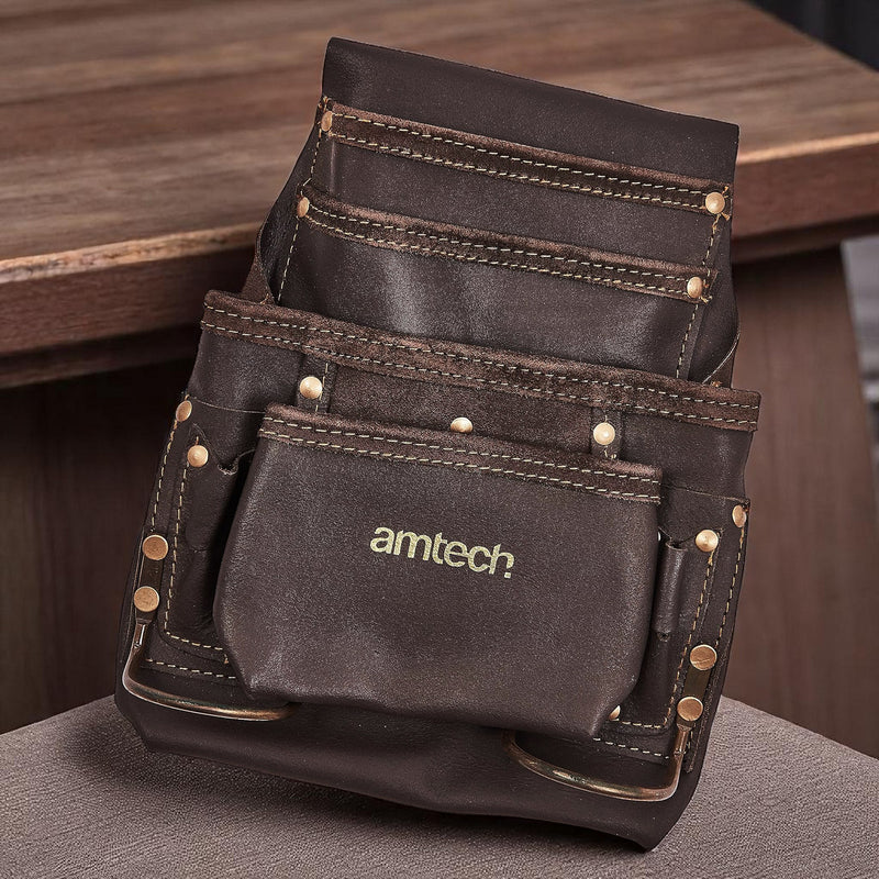 Amtech Heavy Duty 4 Pocket Leather Tool Pouch with 2 Hammer Loops