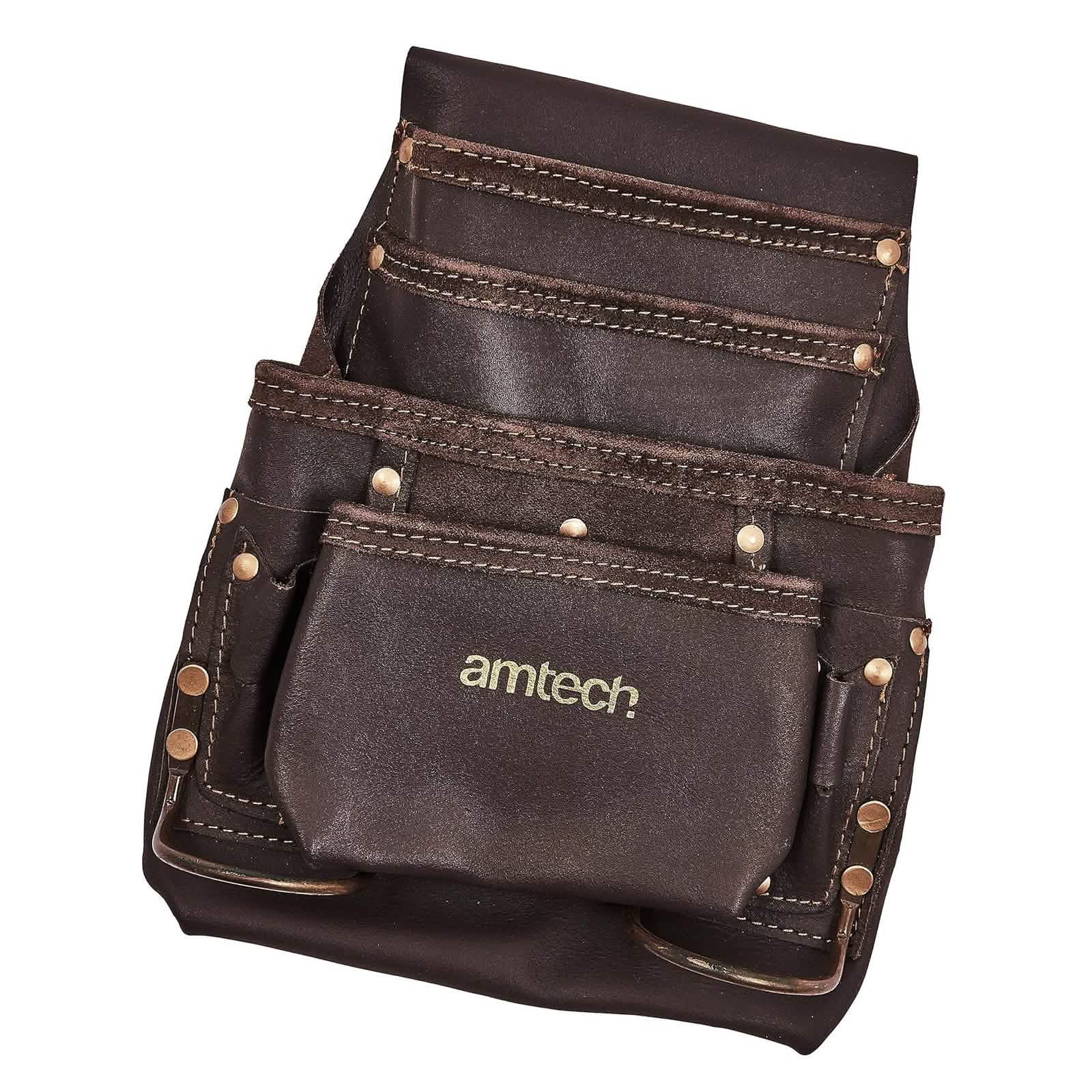 Amtech Heavy Duty 4 Pocket Leather Tool Pouch with 2 Hammer Loops
