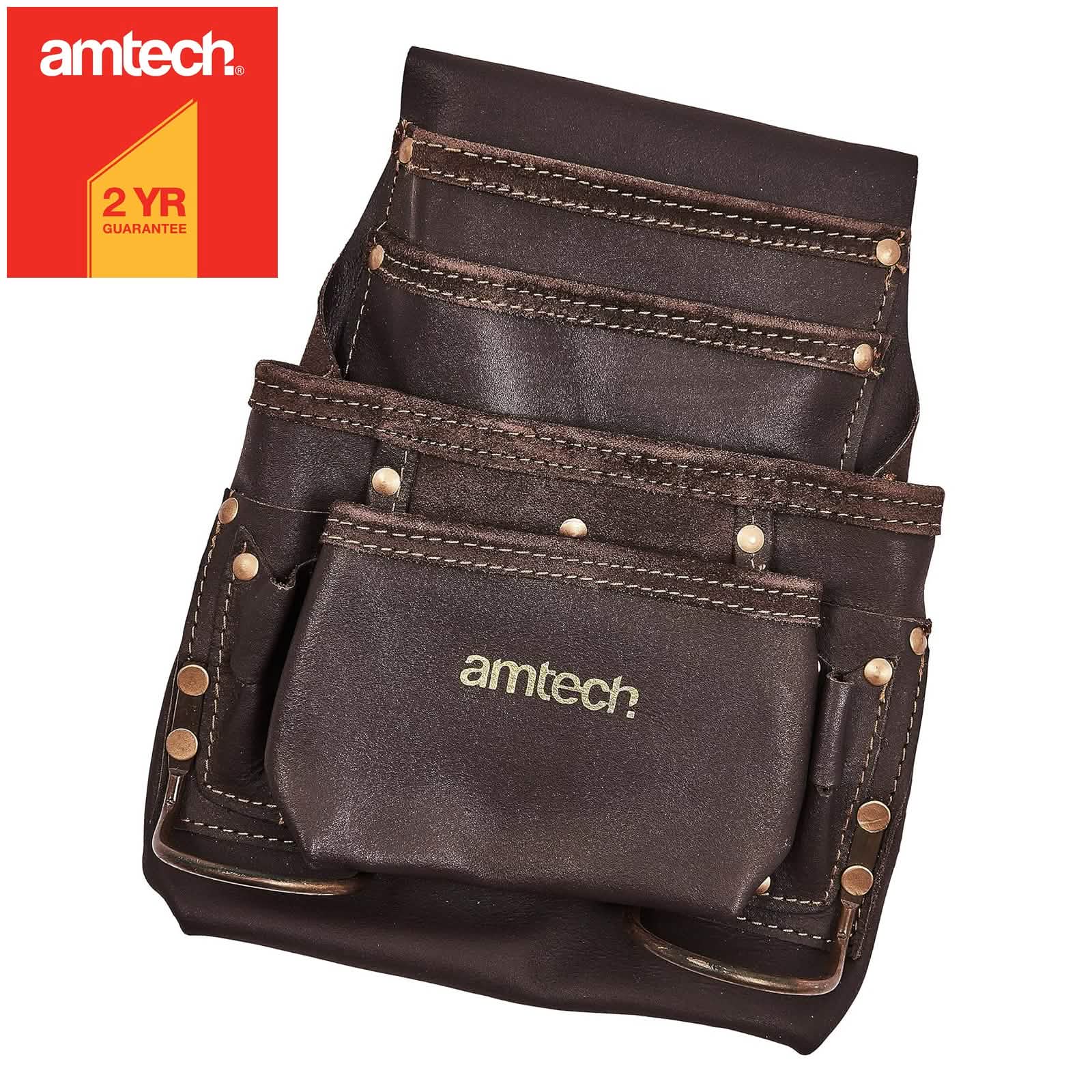 Amtech Heavy Duty 4 Pocket Leather Tool Pouch with 2 Hammer Loops