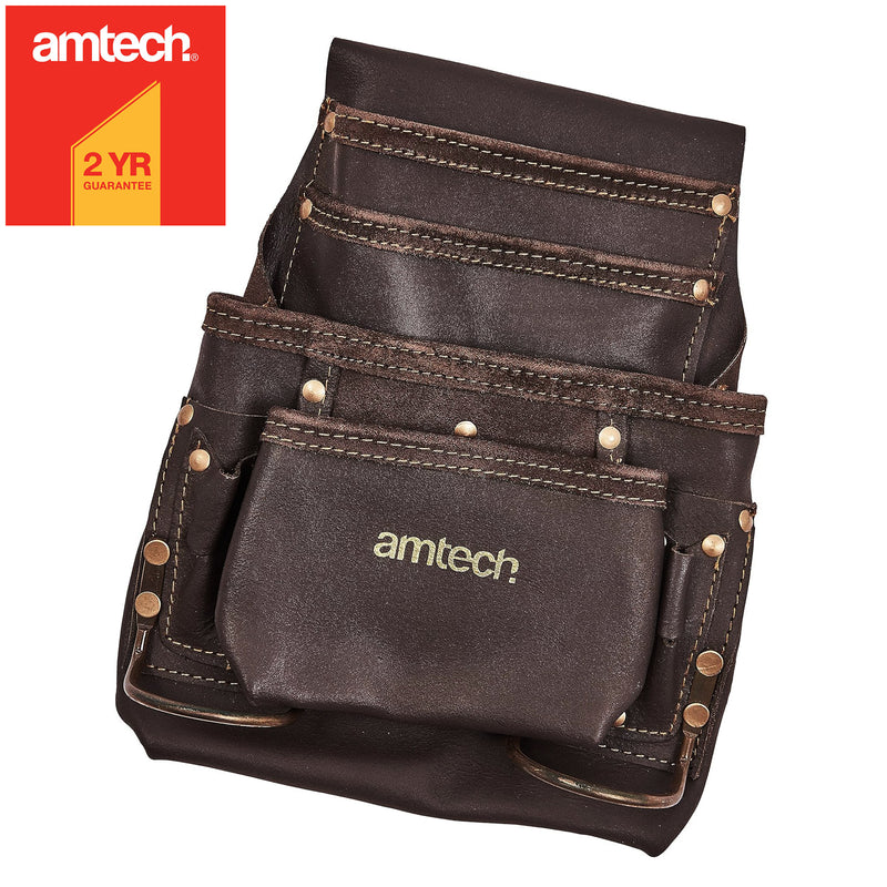 Amtech Heavy Duty 4 Pocket Leather Tool Pouch with 2 Hammer Loops