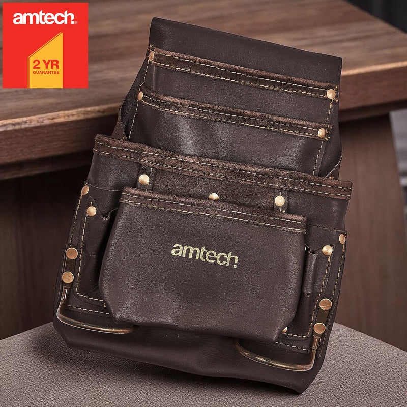 Amtech Heavy Duty 4 Pocket Leather Tool Pouch with 2 Hammer Loops