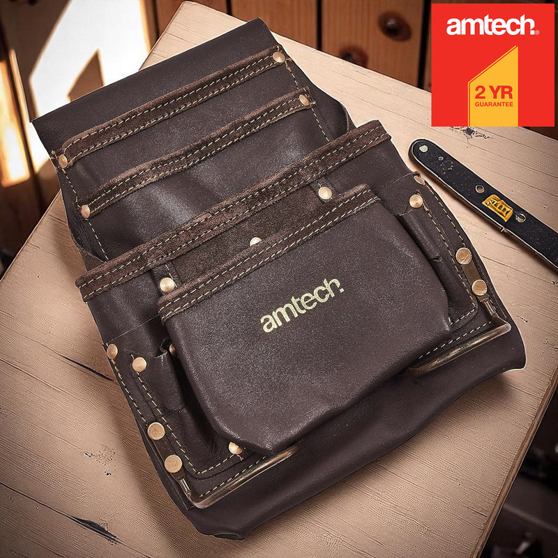 Amtech Heavy Duty 4 Pocket Leather Tool Pouch with 2 Hammer Loops