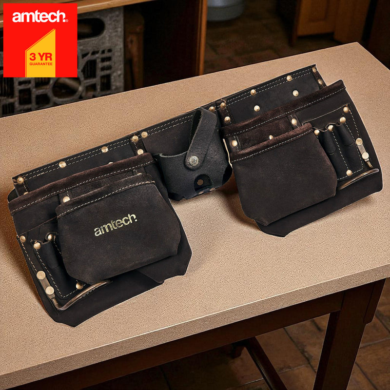 Amtech 12 Pocket Oil Tanned Leather Tool Belt | Heavy Duty Reinforced Adjustable Belt