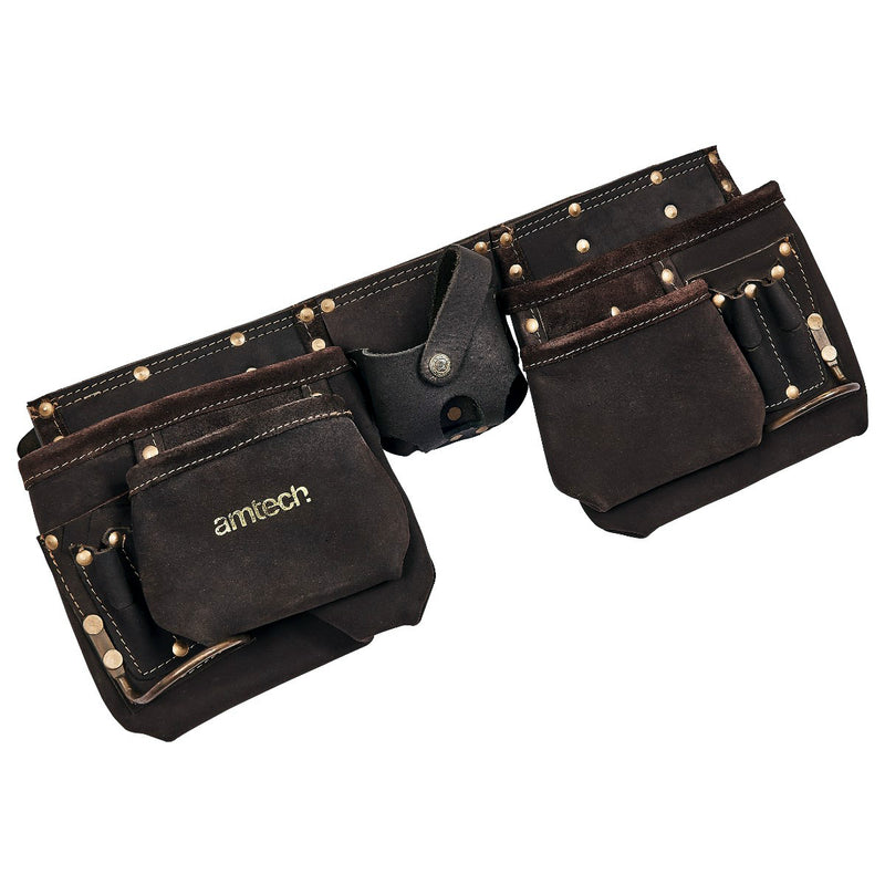 Amtech 12 Pocket Oil Tanned Leather Tool Belt | Heavy Duty Reinforced Adjustable Belt