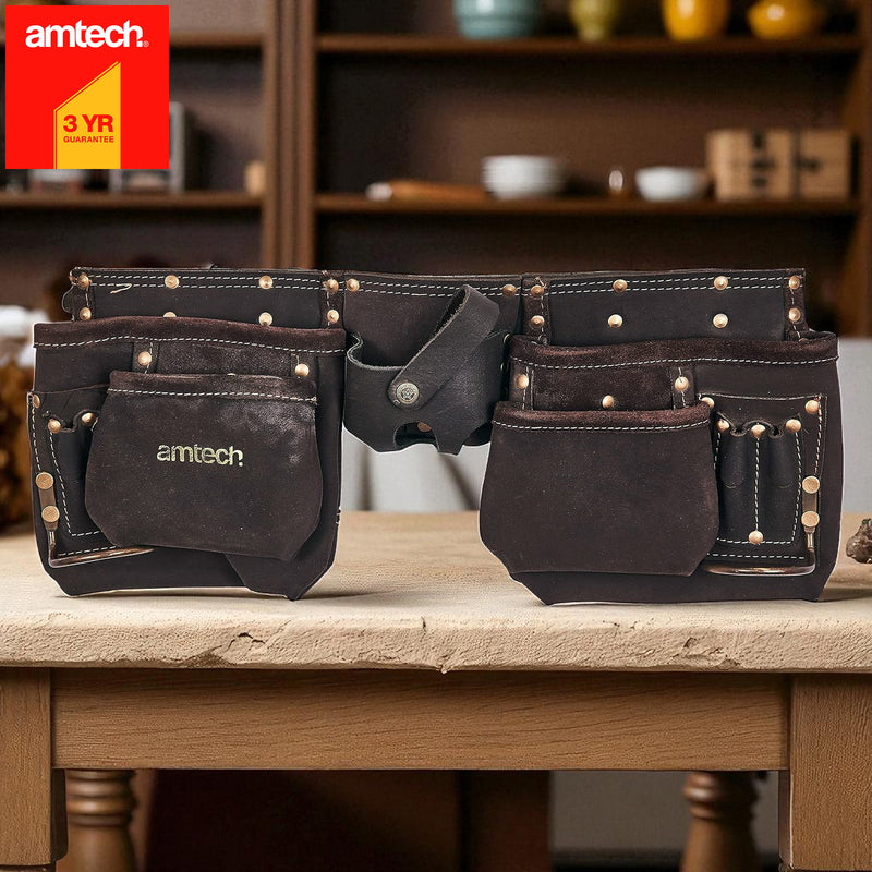Amtech 12 Pocket Oil Tanned Leather Tool Belt | Heavy Duty Reinforced Adjustable Belt