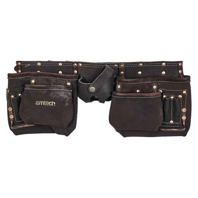 Amtech 12 Pocket Oil Tanned Leather Tool Belt | Heavy Duty Reinforced Adjustable Belt