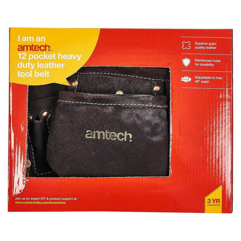 Amtech 12 Pocket Oil Tanned Leather Tool Belt | Heavy Duty Reinforced Adjustable Belt